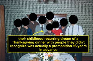 Group of people at a Thanksgiving dinner table overlaid with text about a premonitory dream