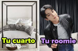 Imagen dividida en dos: a la izquierda, una cama bien hecha y la frase "Tu cuarto"; a la derecha, una persona con chaqueta de cuero y la frase "Tu roomie"