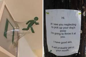 A sign warns about throwing dog waste at owners who don't clean up after their pets, claiming good aim and mouth-targeting threat