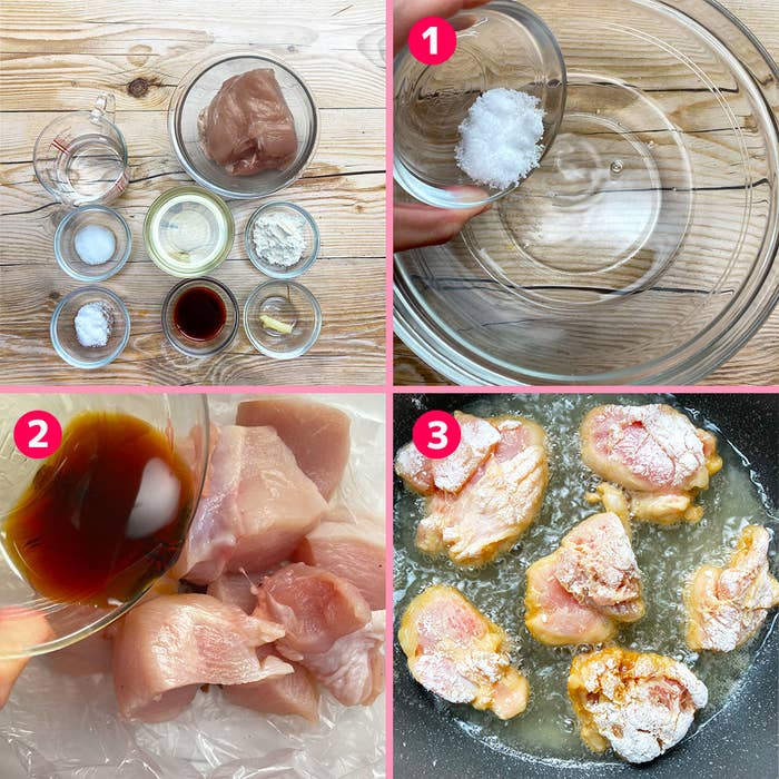 料理の手順を示す4枚の画像。1で塩をボウルに入れる。2で液体を鶏肉に注ぐ。3で鶏肉をフライパンで焼いている。