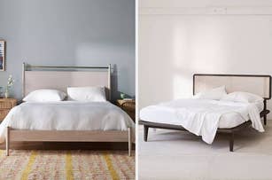 Two minimalist styled beds in a bedroom setting with simple beddings for a shopping article