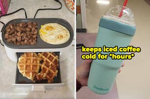 Two images: Left shows a meal in a compartmentalized container. Right is a hand holding an insulated tumbler, text claims it keeps coffee cold