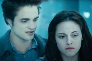Edward and Bella, characters from Twilight, share an intense gaze in a close-up still