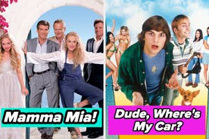 Split image of Mamma Mia and Dude, Where's My Car movie casts posing for promotional photos
