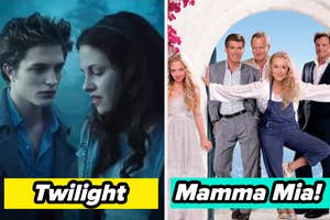 Split image: left, Bella and Edward from "Twilight"; right, "Mamma Mia!" cast posing playfully