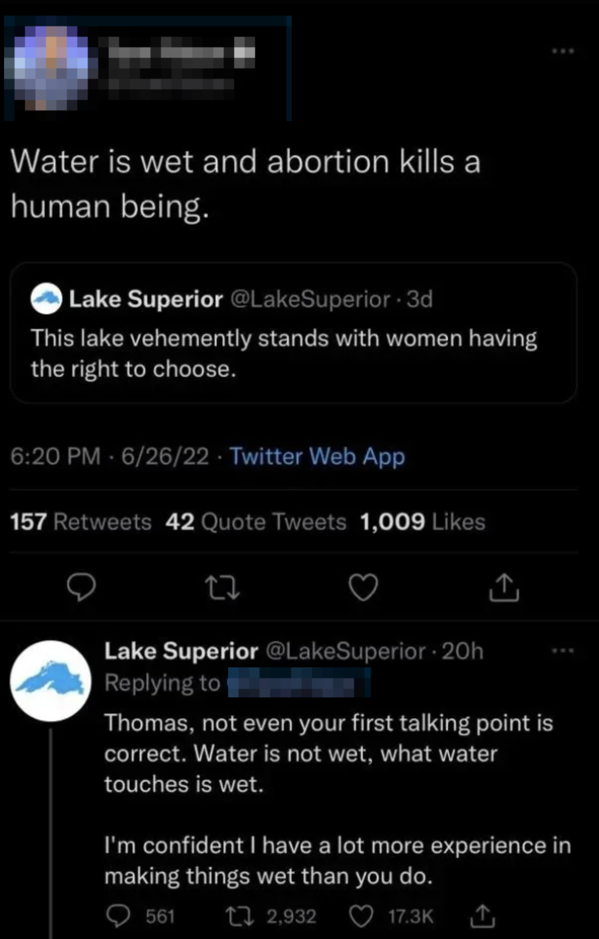 A Twitter conversation thread with users and @LakeSuperior discussing water&#x27;s non-lethal qualities.