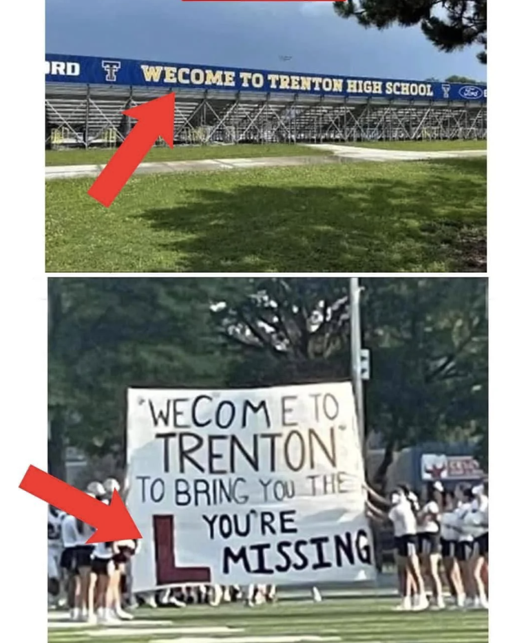 Sign at a high school with a grammar error, cheerleaders holding a corrected version of the sign