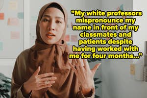 Woman in hijab gesturing, with a quote about name mispronunciation by professors at work