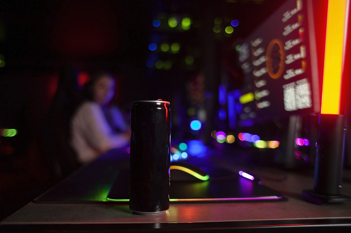 アルミ缶のドリンクがデスクの上に置かれ、背景にぼやけた人物とコンピューターモニターが見える。