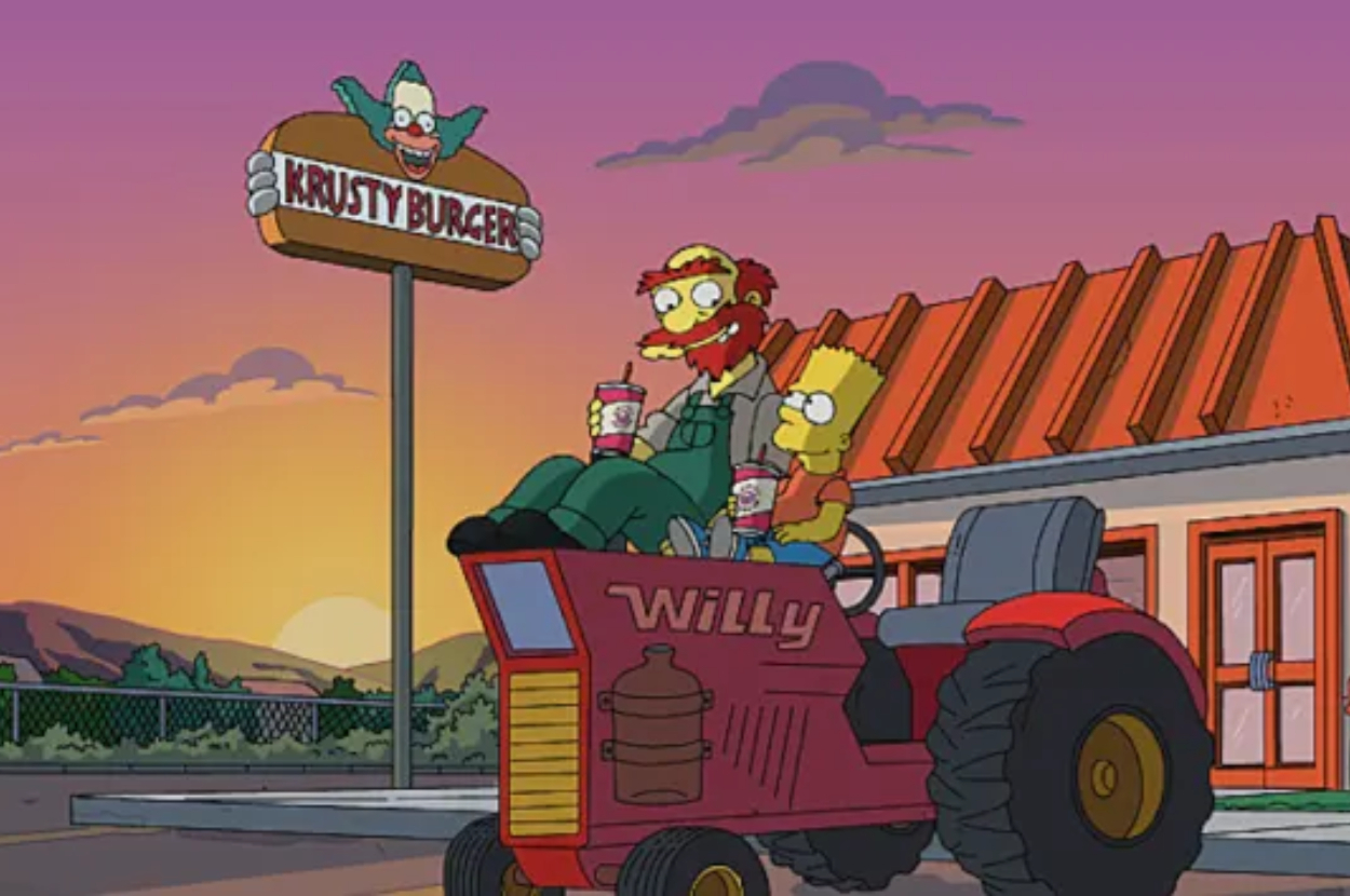 Animated characters Groundskeeper Willie and Bart Simpson riding a tractor in front of a Krusty Burger at dusk