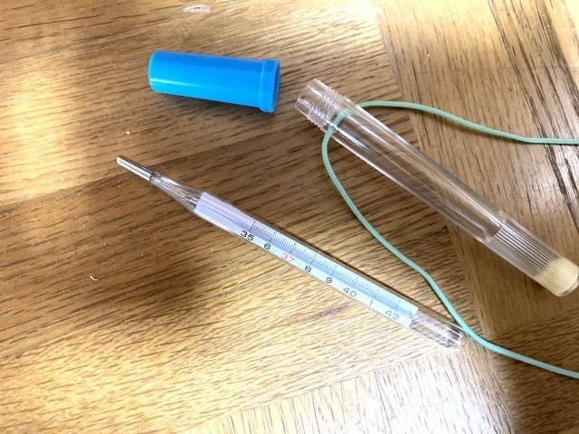 木の表面に置かれた体温計とそのキャップ。