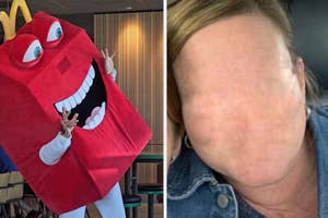 Person in a Happy Meal box costume; woman with blurred face for privacy