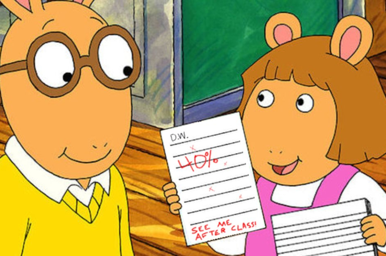 Arthur and D.W. from &quot;Arthur&quot; looking at a paper with a grade of 40% and a note &quot;See me after class.&quot;