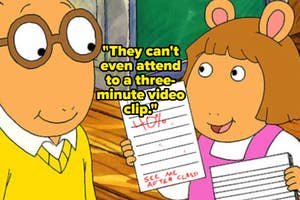 Arthur and D.W. from the cartoon "Arthur" looking at a paper with a grade and text bubble saying they can't attend a video clip