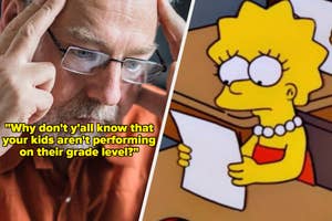 Man looking perplexed at a meme featuring Lisa Simpson with a caption about kids' school performance