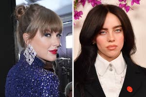 Taylor Swift with a bejeweled earring and sequined outfit; Billie Eilish in a black suit with a white shirt