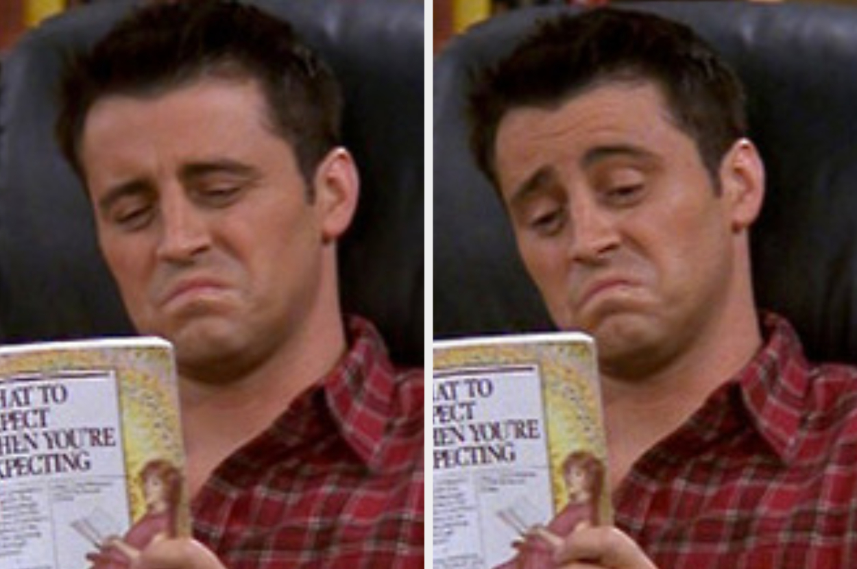 Joey Tribbiani with a puzzled expression, reading &quot;What to Expect When You&#x27;re Expecting&quot; in two side-by-side images