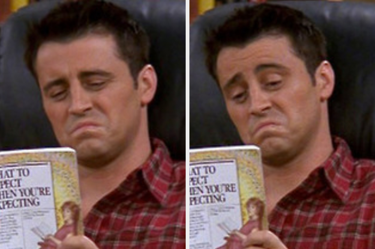 Joey Tribbiani with a puzzled expression, reading "What to Expect When You're Expecting" in two side-by-side images
