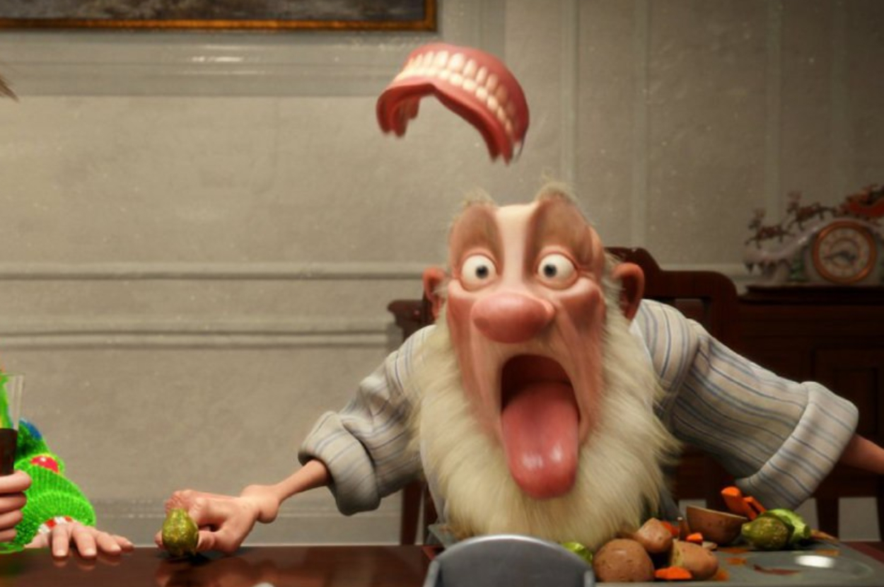 Cartoon character in shock, dentures flying above head, sitting at a dinner table with food scattered around