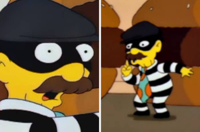 Animated character the "Cat Burglar" from The Simpsons, wearing a striped prison outfit, black mask, and a hat, shown in two different scenes