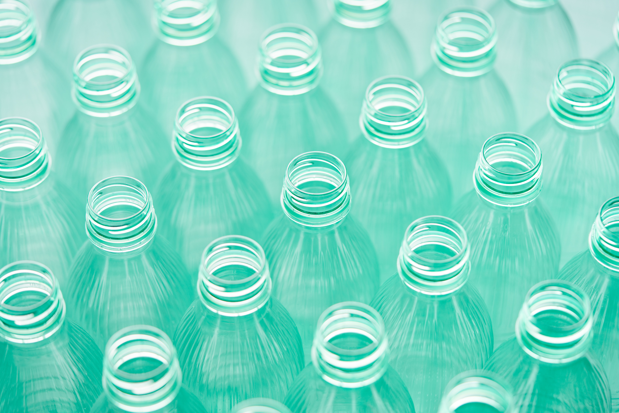 Several empty plastic bottles arranged in rows with their openings facing upwards