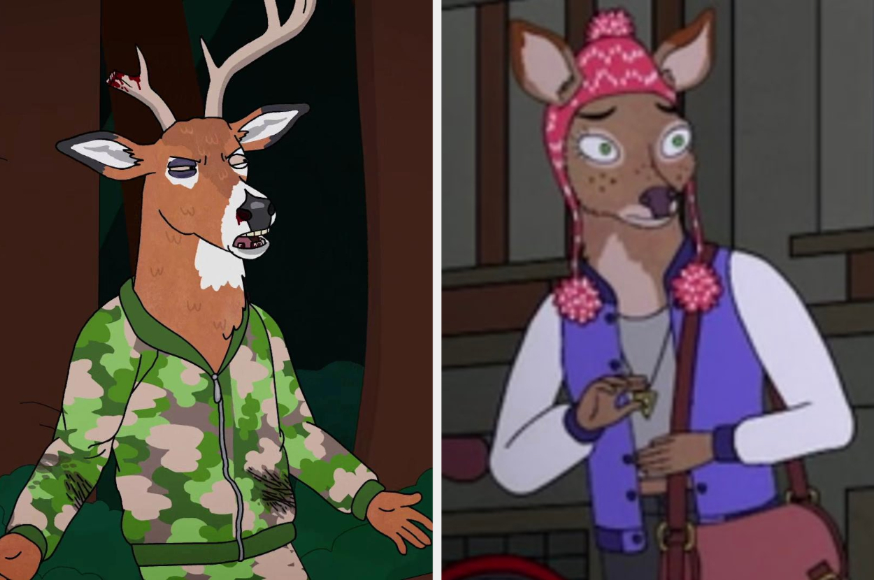 A split image of two animated deer characters: the left deer wears a camo jacket with antlers, the right deer wears a pink hat and purple vest