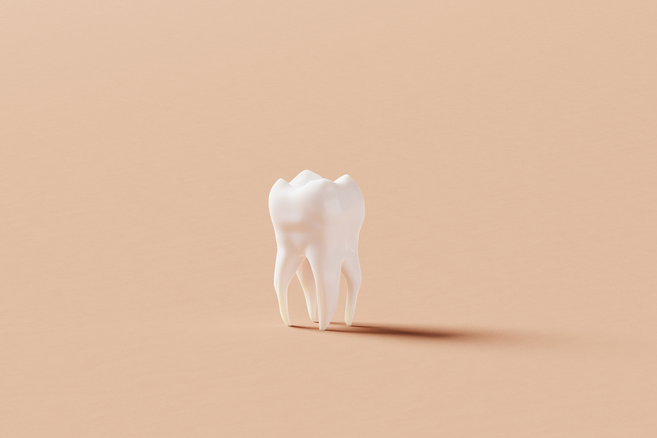 A close-up image of a single white molar tooth with a smooth, shiny surface, standing upright on a light backdrop