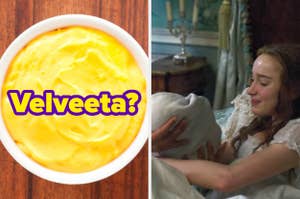 Left: A bowl of melted cheese with text "Velveeta?" Right: Woman crying and hugging a pillow