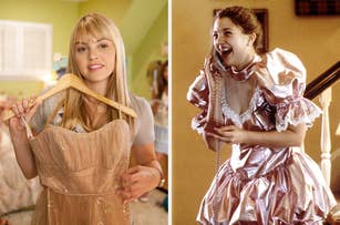 Aimee Teegarden holding a beige sparkly dress and Drew Barrymore wearing a neon pink and lace dress in a side-by-side photo