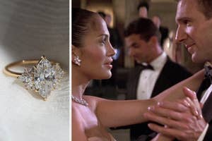 Woman in elegant dress with man in tuxedo, dancing closely, from a film scene. Diamond ring close-up shown inset