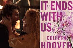 Side-by-side images: Left, a man and woman about to kiss; right, a book cover with title "It Ends With Us" by Colleen Hoover