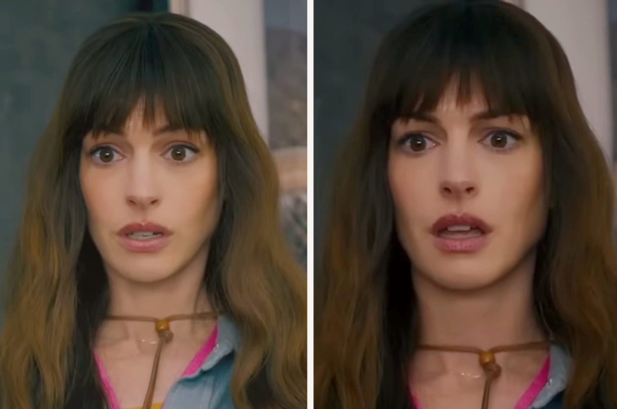 Woman with bangs and glasses in one frame, and without glasses in another, looking surprised