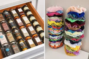 An organized spice drawer with labeled jars and colorful, stacked velvet scrunchies on a acrylic holders