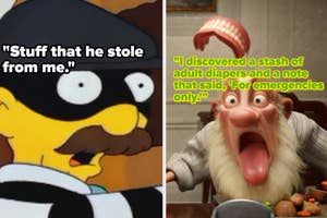 Panel 1: Cartoon robber says, "Stuff that he stole from me." Panel 2: Shocked character with dentures exclaims, finding adult diapers and an emergency note