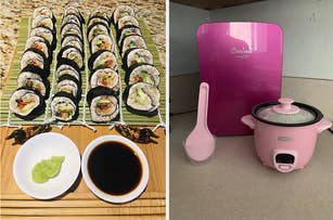 Two images side by side; left shows a plate of sushi with soy sauce and wasabi, right a pink rice cooker and refrigerator