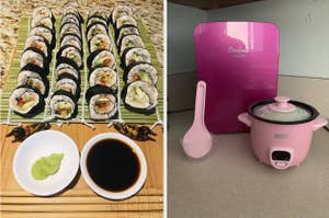 Two images side by side; left shows a plate of sushi with soy sauce and wasabi, right a pink rice cooker and refrigerator