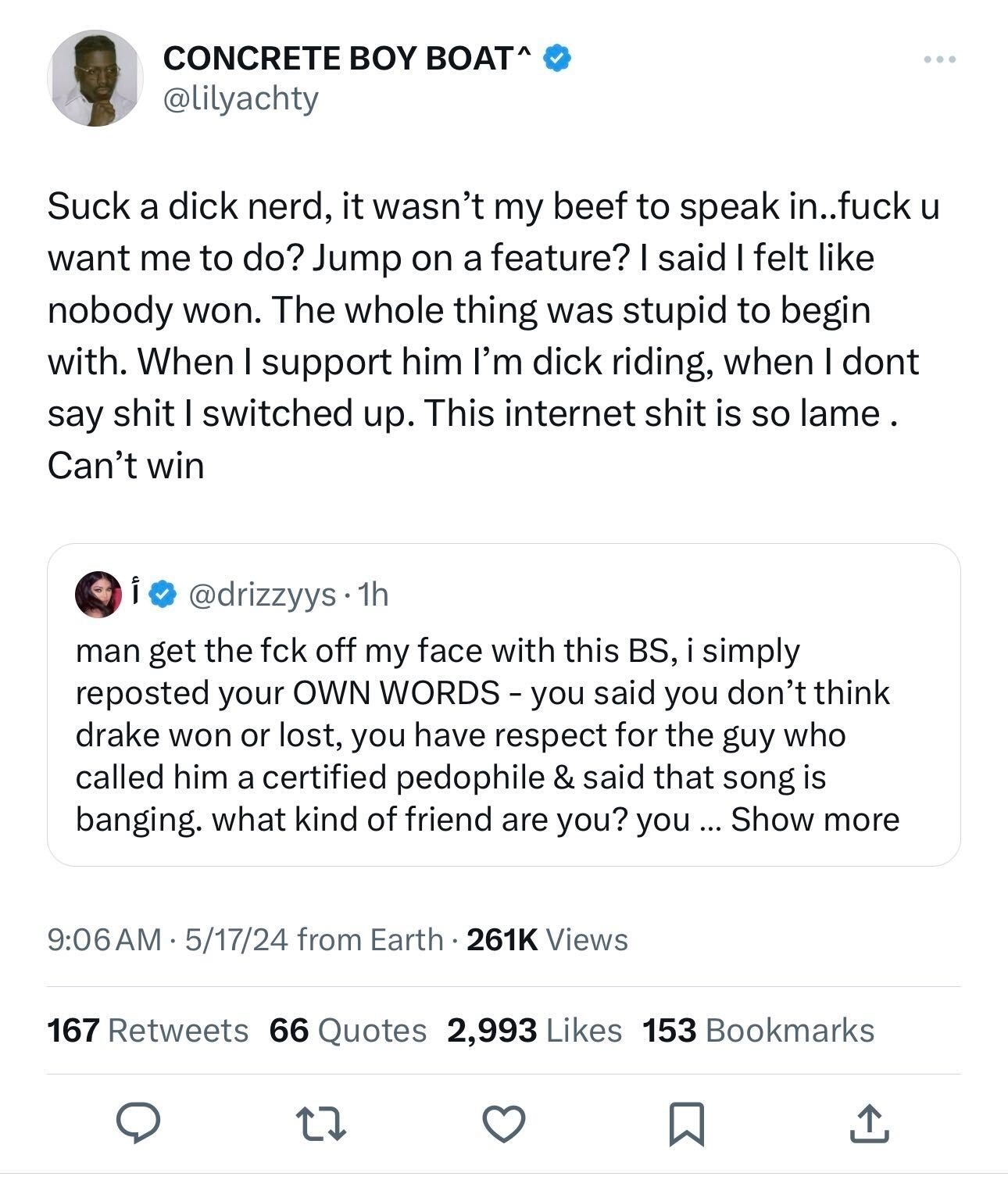 A Twitter exchange between Lil Yachty and Drake. Lil Yachty criticizes someone for their behavior, and Drake responds by calling out hypocrisy in Lil Yachty&#x27;s statements