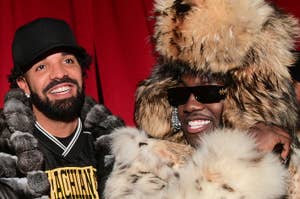 Drake and Lil Yachty smiling together; Drake is wearing a black cap and fur coat, while Lil Yachty is in an extravagant fur outfit and sunglasses