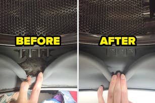 Comparison of a washing machine drum with built-up gunk before cleaning and the pristine state after cleaning