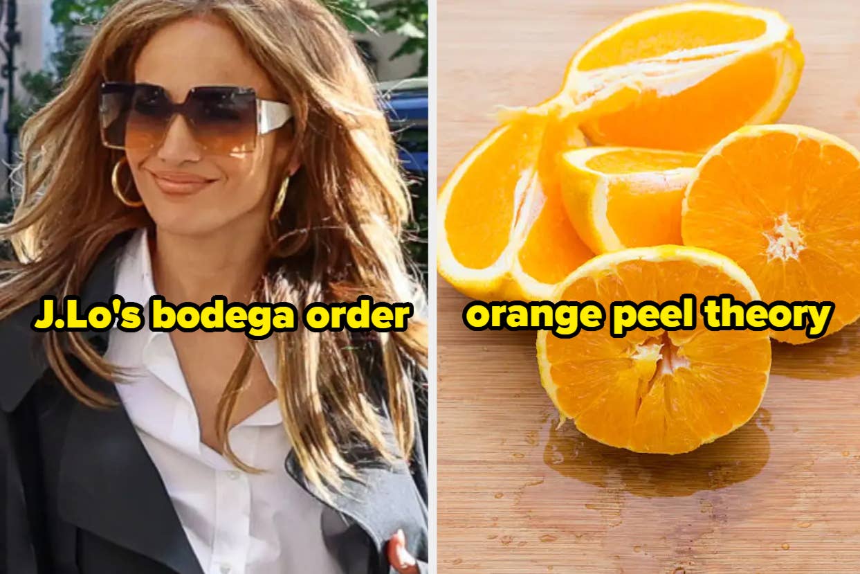 Jennifer Lopez smiling outdoors, wearing sunglasses and a stylish coat. Next to her is a close-up of sliced oranges with the text "orange peel theory."