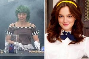 On the left, a person with a green wig and casual off-shoulder top works with equipment. On the right, Leighton Meester in a preppy outfit with a yellow headband and blue bowtie