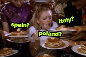 Woman eating pancakes with text overlay guessing different countries