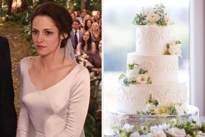On the left, Bella from Twilight in a long sleeved wedding dress, and n the right, a three tiered wedding cake with intricate icing details and flowers on it