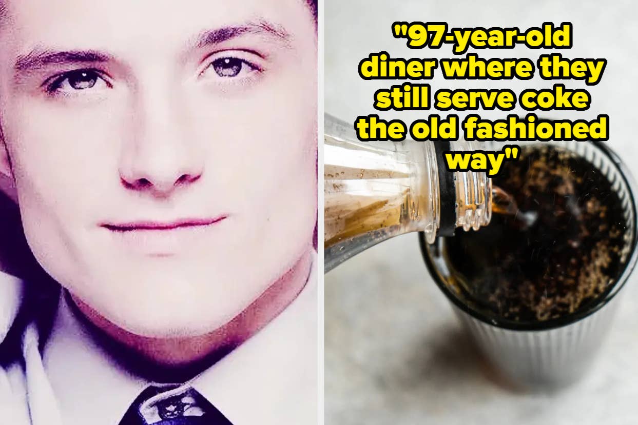 Close-up of a man's face and a glass being filled with Coke. Text reads: "97-year-old diner where they still serve coke the old fashioned way."
