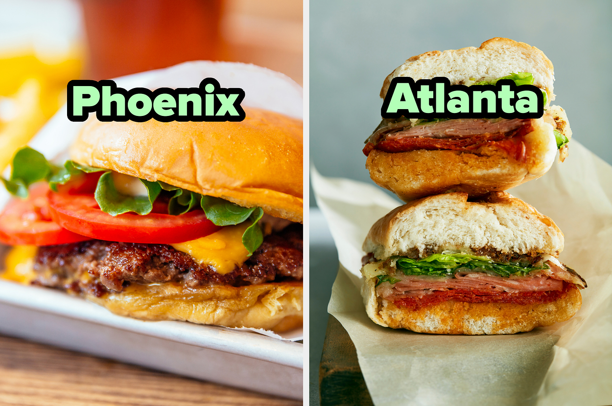 Two burgers with text "Phoenix" and "Atlanta" representing different styles