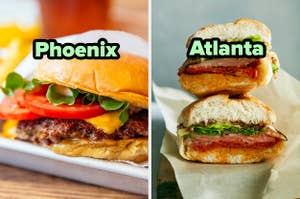 Two burgers with text "Phoenix" and "Atlanta" representing different styles