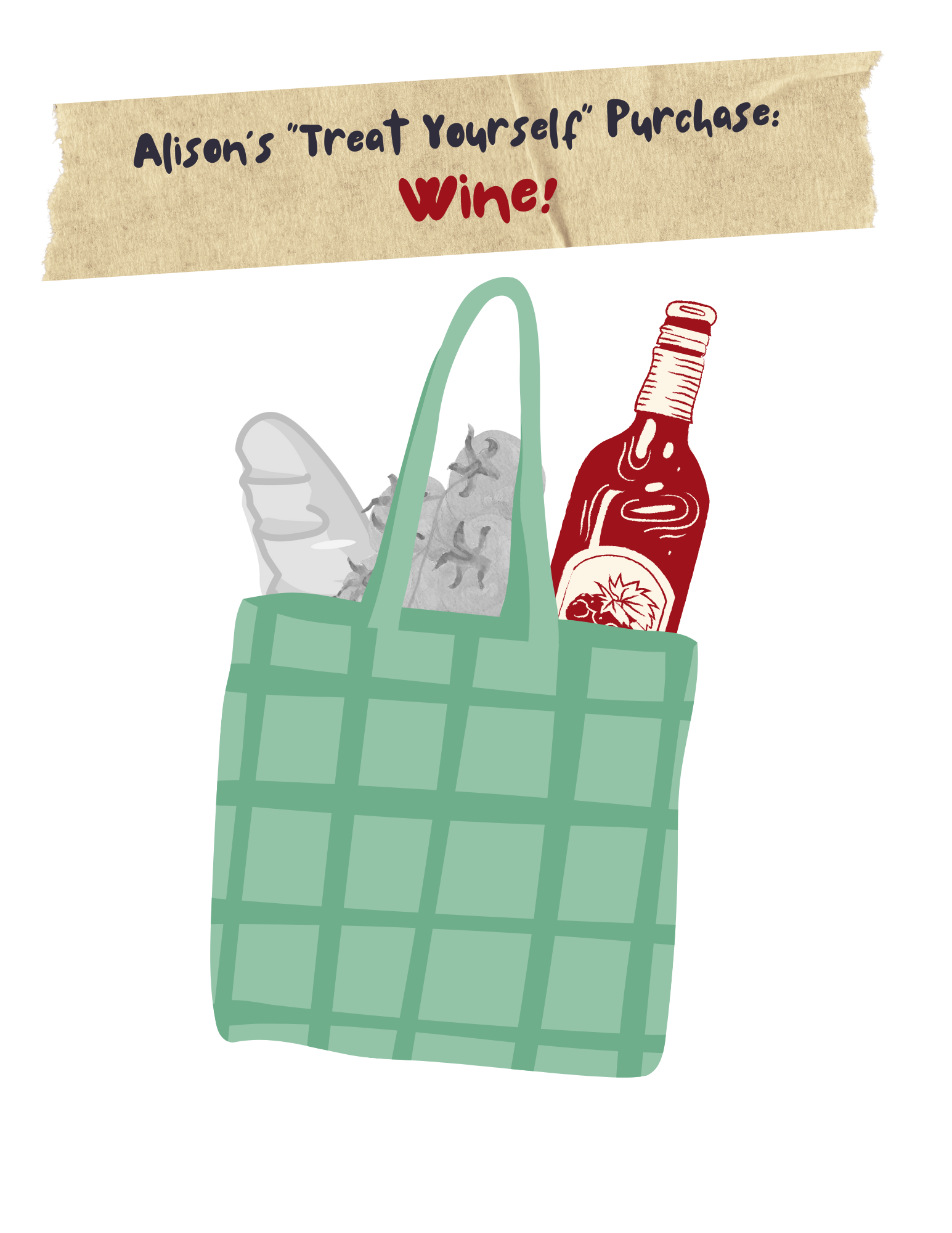 Illustration of a bag with bread, a flower, and a wine bottle. Text above reads, "Alison's 'Treat Yourself' Purchase: Wine!"