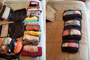 Two images of clothing organized on a bed, left image is flat layout, right shows rolled in packing cubes