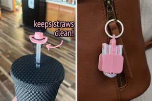 pink cowboy hat straw topper and hair ties on keychain