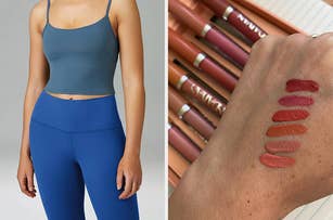 Model in a sports bra and leggings and lipstick swatches on a hand